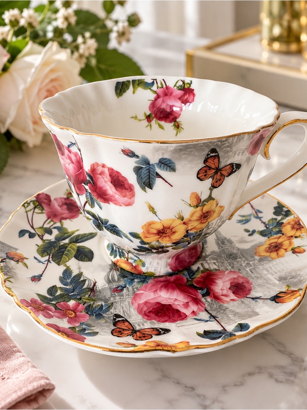Grace Teaware Fine Porcelain Tea Cup & Saucer Floral Roses Butterfly Gold Trim